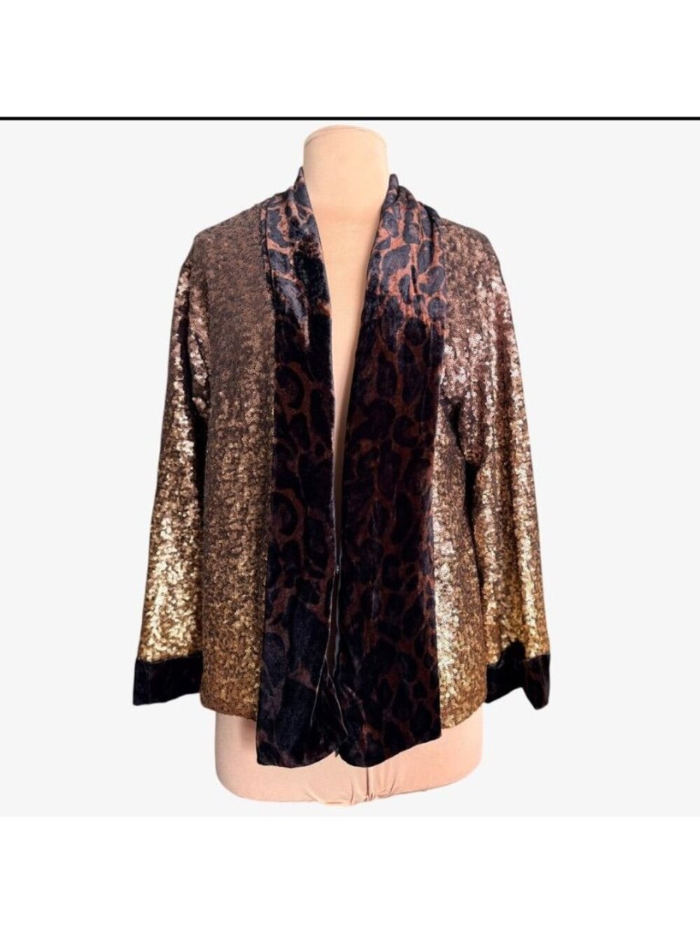 NWT Johnny Was Sequin Gold Kimono Jacket S Leopard Velvet NEW Ombre Bronze Cardi